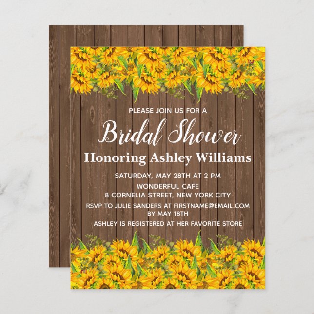 Budget Sunflowers Bridal Shower Invitations Wood (Front/Back)