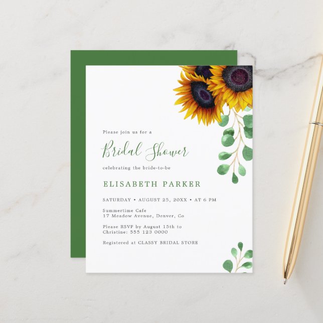 Budget sunflowers eucalyptus bridal shower invite (Front/Back In Situ)