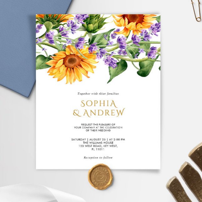Budget Sunflowers & Lavender Wedding Invitation (Creator Uploaded)