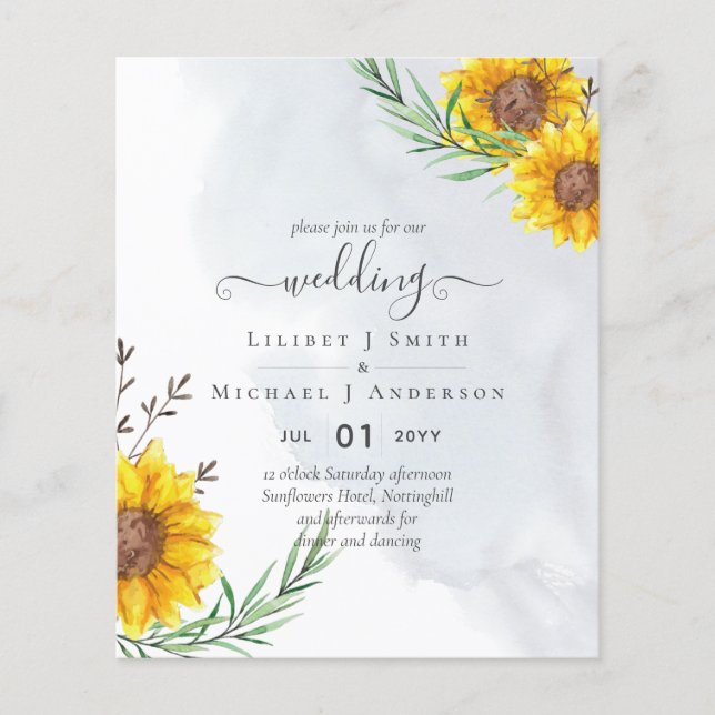 Budget Sunflowers Rustic Woodland Garden Wedding Flyer (Front)