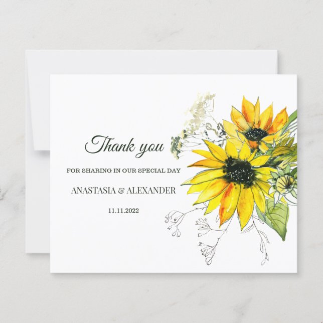 Budget Sunflowers Wedding Thank You Card. (Front)