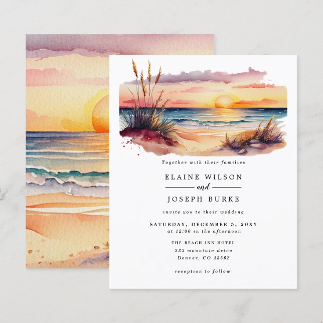 Budget Sunset Beach Sea Wedding Invitation (Front/Back)