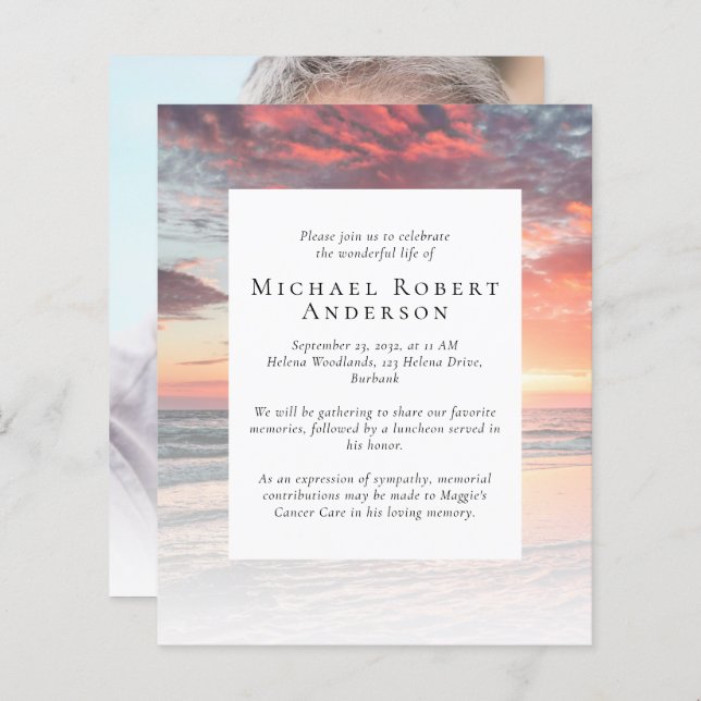 BUDGET Sunset Photo Memorial Service Invitation (Front/Back)