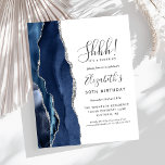 Budget Surprise 30th Birthday Party Blue Agate<br><div class="desc">The left-hand edge of this elegant surprise birthday party invitation features a navy blue watercolor agate border trimmed with faux silver glitter. The customizable text combines handwriting,  copperplate and italic fonts in charcoal grey on a white background. The reverse side features a matching navy blue and silver agate design.</div>