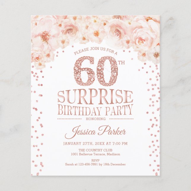 Budget Surprise 60th Birthday - Rose Gold Invite Flyer (Front)