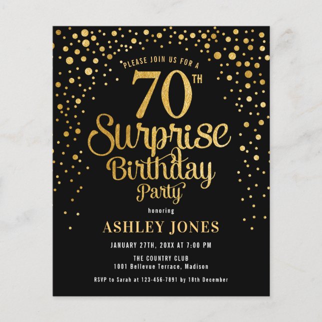 Budget Surprise 70th Birthday Black & Gold Invite Flyer (Front)