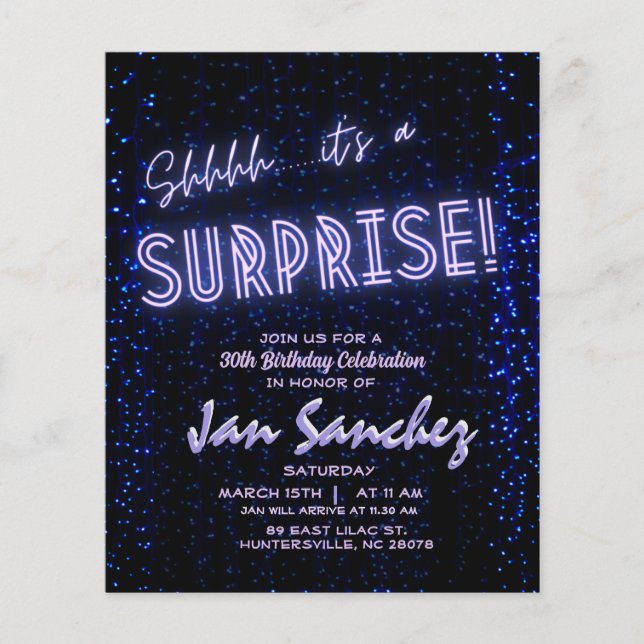 Budget surprise birthday invitation blue and black flyer (Front)