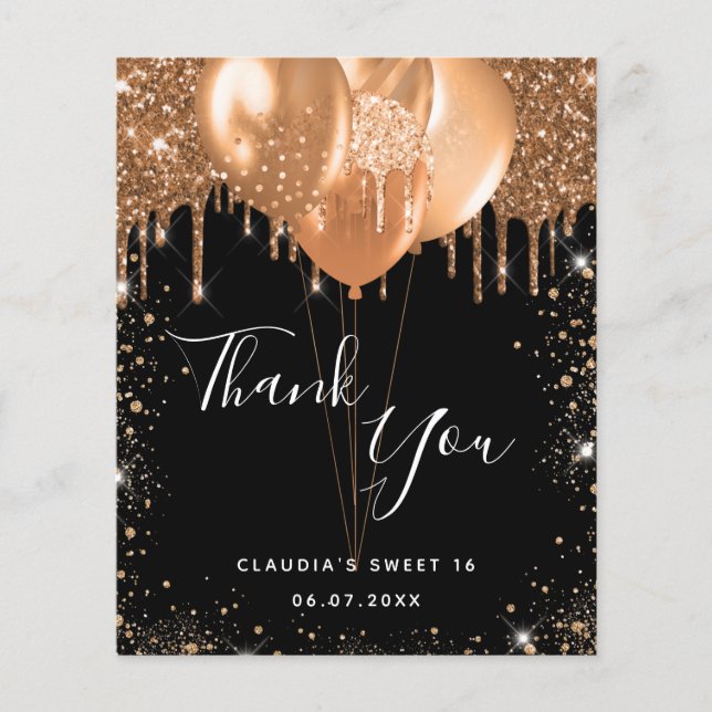 Budget Sweet 16 black gold glitter thank you (Front)