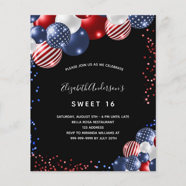 Budget Sweet 16 black patriotic invitation (Front)