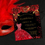 Budget Sweet 16 black red dress invitation<br><div class="desc">A modern,  stylish and glamourous invitation for a Sweet 16,  16th birthday party.  A black background with sparkles,  a red dress and red roses,  florals.  The name is written with a modern hand lettered style script.  Personalize and add your party details.</div>