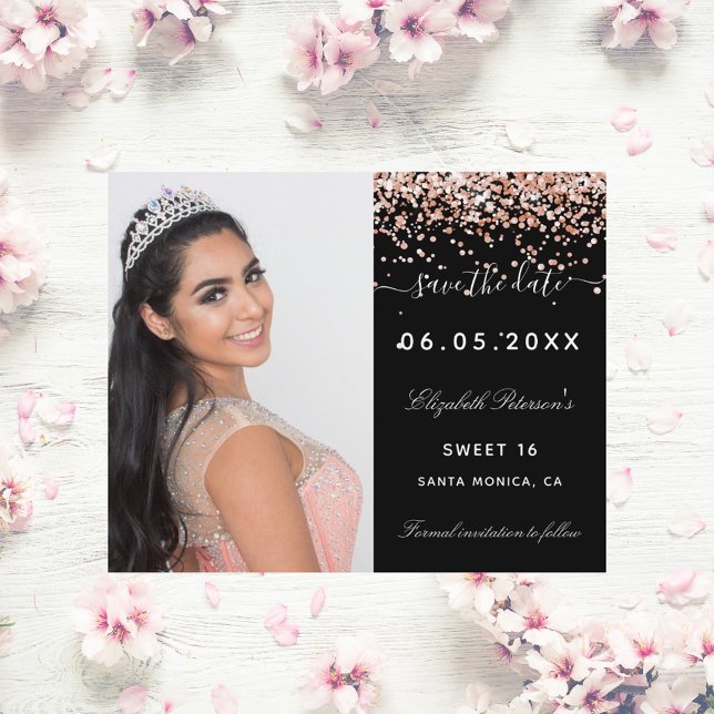 Budget Sweet 16 black rose photo Save the Date (Creator Uploaded)