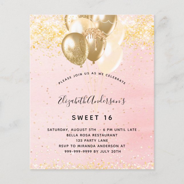 Budget Sweet 16 blush gold balloons invitation (Front)