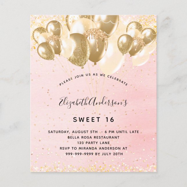 Budget Sweet 16 blush pink gold glitter balloons (Front)