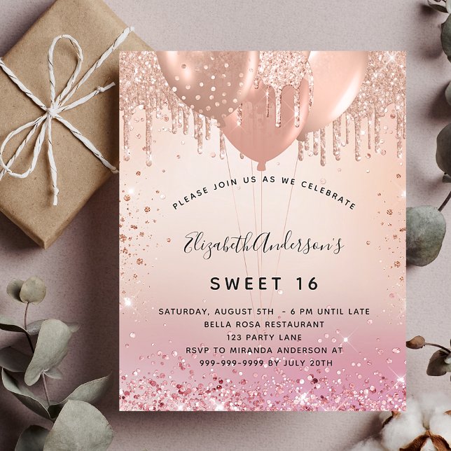 Budget Sweet 16 blush pink rose gold invitation (Creator Uploaded)