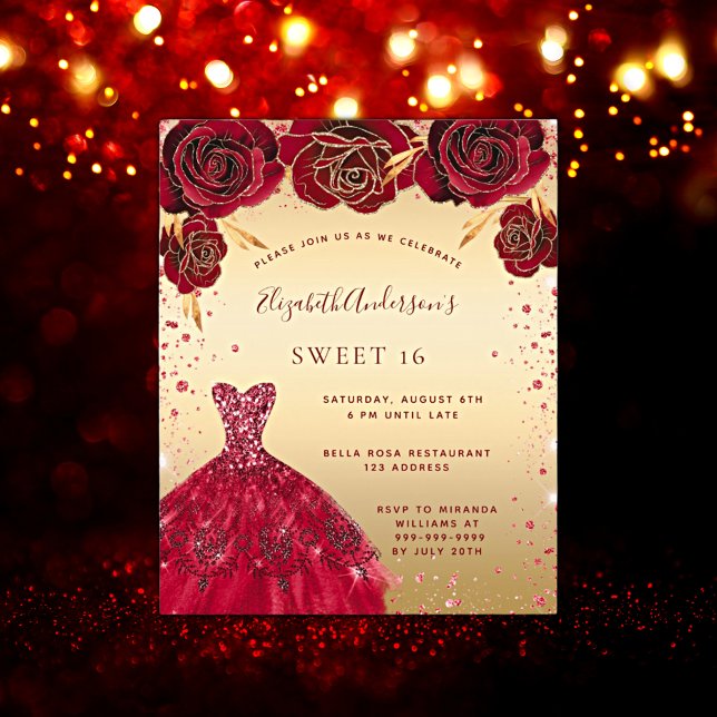 Budget Sweet 16 gold red glitter dress invitation (Creator Uploaded)
