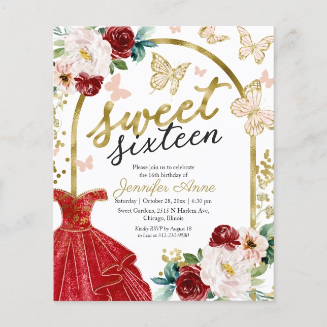 Budget Sweet 16 Invitation Floral Dress Butterfly (Front)