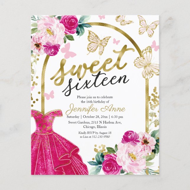 Budget Sweet 16 Invitation Floral Dress Butterfly (Front)