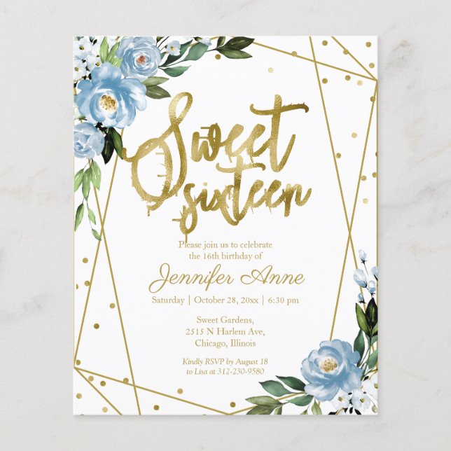 Budget Sweet 16 Invitation Gold Dusty Blue Floral (Front)