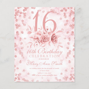 Budget Sweet 16 Marble Glitter Rose Gold Floral   Flyer