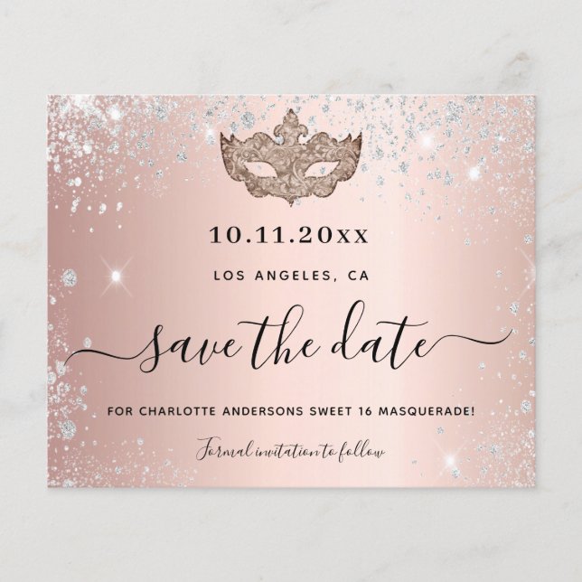 Budget Sweet 16 masquerade rose gold save the date (Front)