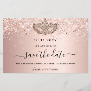 Budget Sweet 16 masquerade rose gold save the date