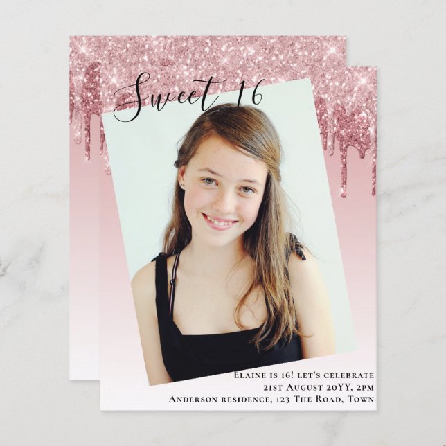 BUDGET Sweet 16 PHOTO Dripping Glitter Invite (Front/Back)
