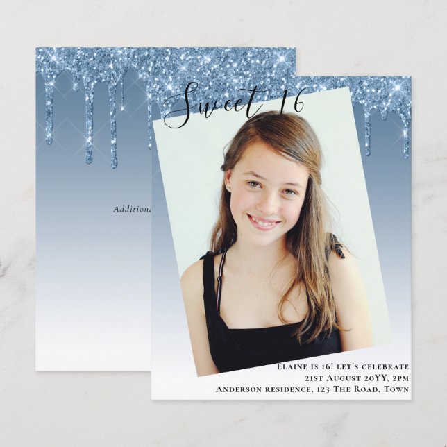 BUDGET Sweet 16 PHOTO Dripping Glitter Invite (Front/Back)