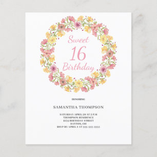 Budget Sweet 16 Pink Floral Birthday Invitation Flyer
