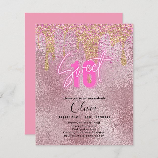 Budget Sweet 16 Pink Glitter Foil Girly Modern  Fl (Front/Back)