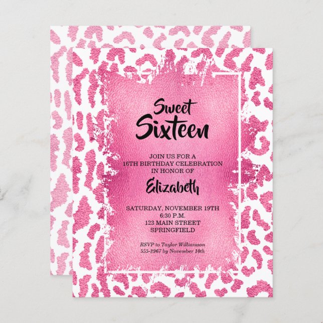 Budget Sweet 16 Pink Leopard Birthday Invites (Front/Back)