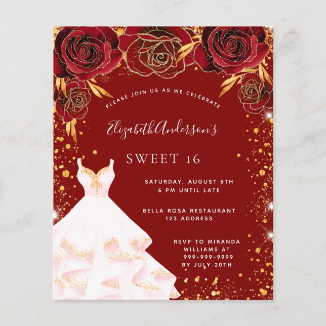 Budget Sweet 16 red gold white dress invitation (Front)