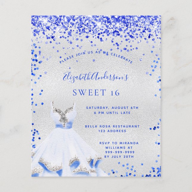 Budget Sweet 16 royal blue silver invitation (Front)