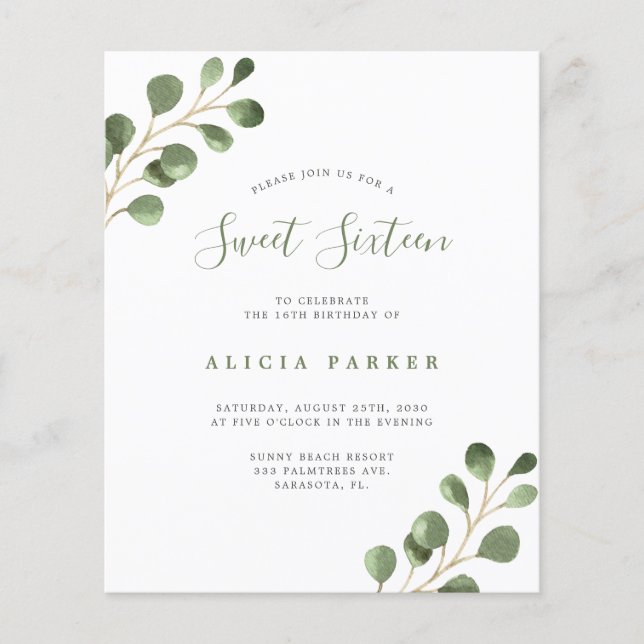 Budget Sweet 16 simple birthday party invitation (Front)