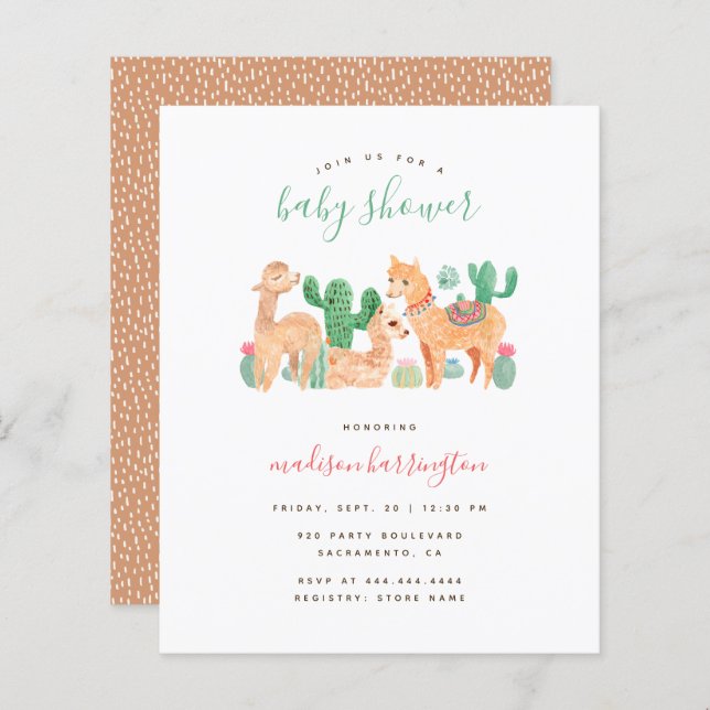 Budget Sweet Alpaca Llama Cactus Boho Baby Shower (Front/Back)