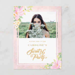 Budget Sweet Sixteen Elegant Floral Pink Photo Invitation Postcard