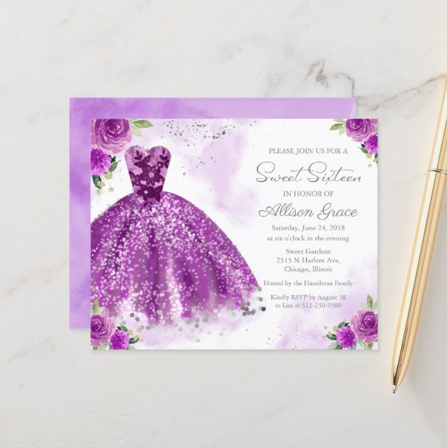 Budget Sweet Sixteen Invitation Silver Purple Gown (Front/Back In Situ)