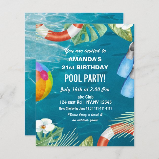 Budget Swimming Pool Party Birthday Invitation (Front/Back)
