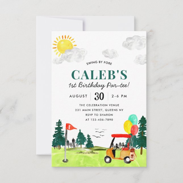 Budget Swing By Fore a Par-tee Kids Golf Birthday Card (Front)