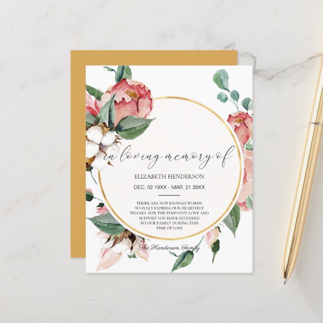 BUDGET Sympathy Thank You Card. Paper Sheet (Front/Back In Situ)