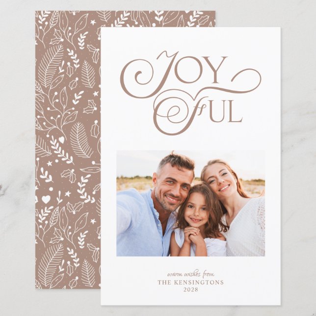 Budget Taupe Tan Pattern Joyful Christmas Photo (Front/Back)