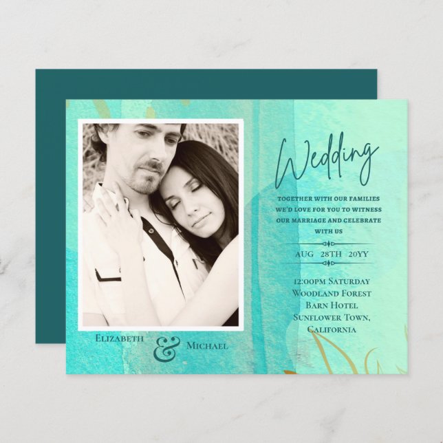BUDGET Teal Abstract Photo Wedding Invite (Front/Back)