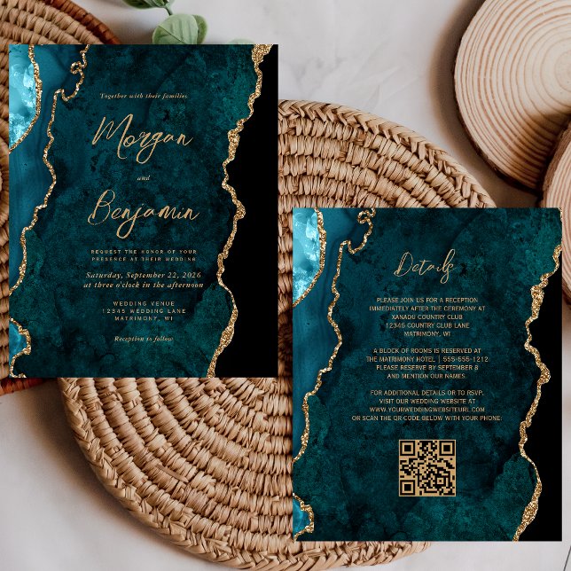Budget Teal Agate Script QR Code Wedding Invite (Creator Uploaded)