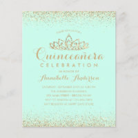 Budget Teal Aqua Gold Quinceañera Tiara Invite