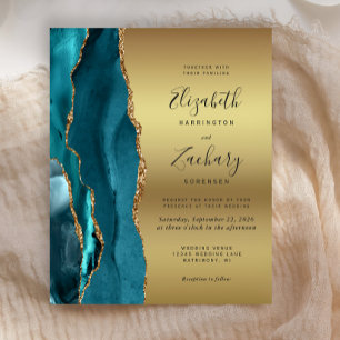 Budget Teal Blue Agate Gold Glam Wedding Invite