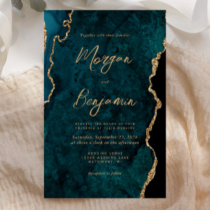Budget Teal Blue Agate Script Wedding Invite