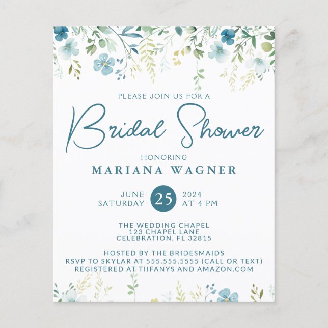 Budget Teal Blue Beige Wildflowers Bridal Shower (Front)