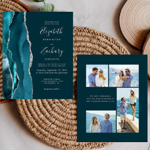 Budget Teal Blue Gold Agate 4-Photo Wedding Invite