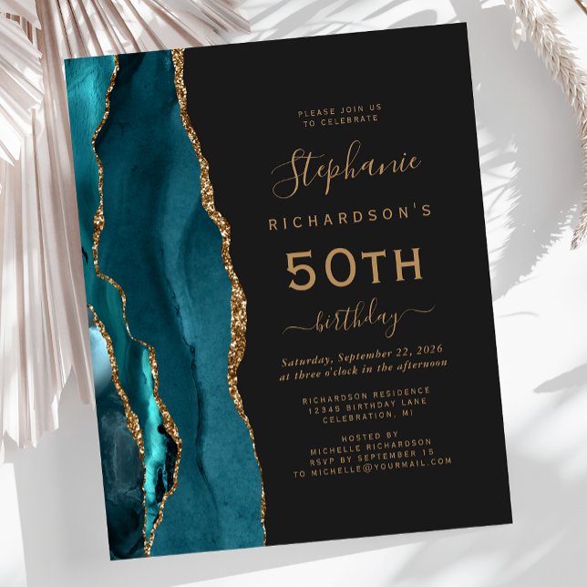 Budget Teal Blue Gold Agate Dark 50th Birthday (Creator Uploaded)