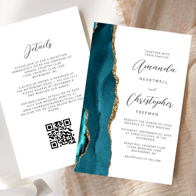 Budget Teal Blue Gold Agate QR Code Wedding (Creator Uploaded)