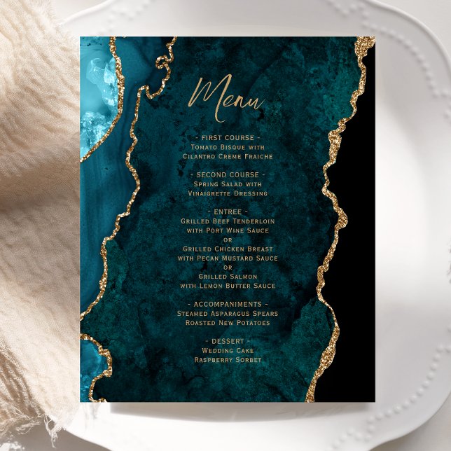 Budget Teal Blue Gold Agate Wedding Menu (Creator Uploaded)